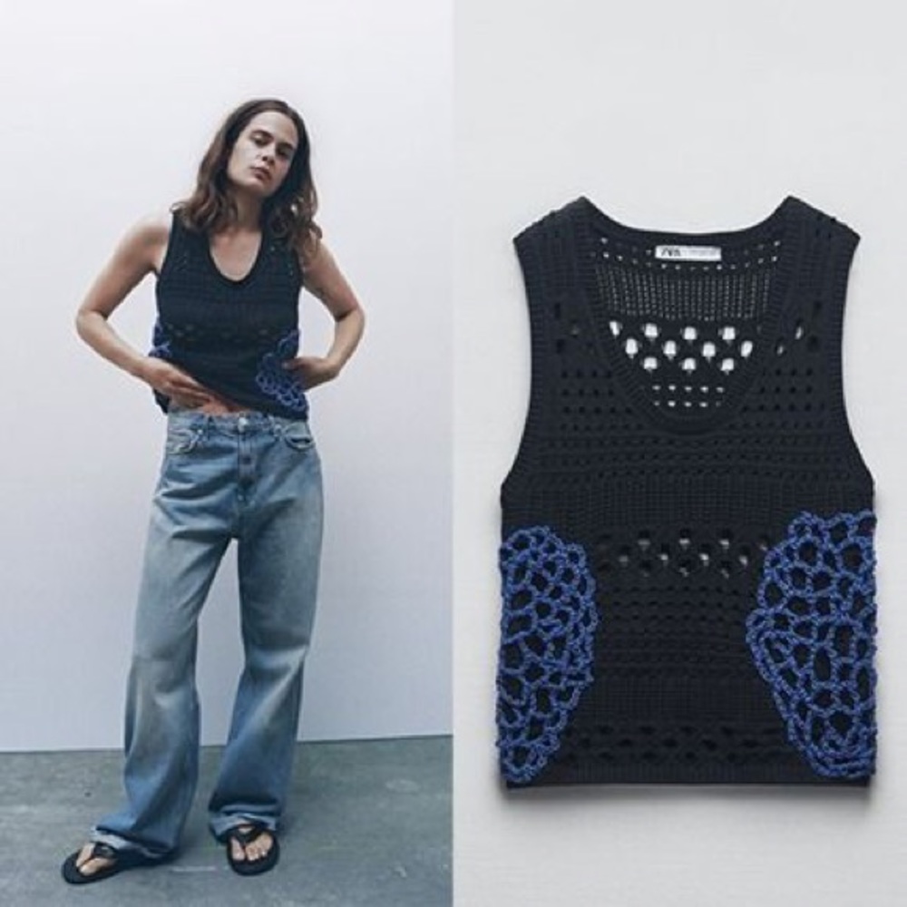 New Zara Mixed Crochet Navy Blue Knit Vest Medium 0021/034